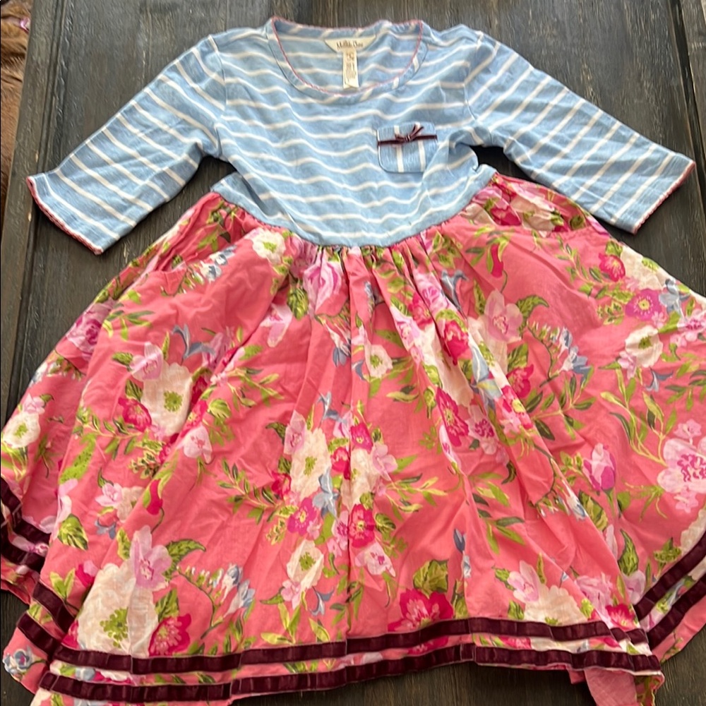 Matilda Jane Blue Striped and Pink Floral Dress with pockets/ peti cote